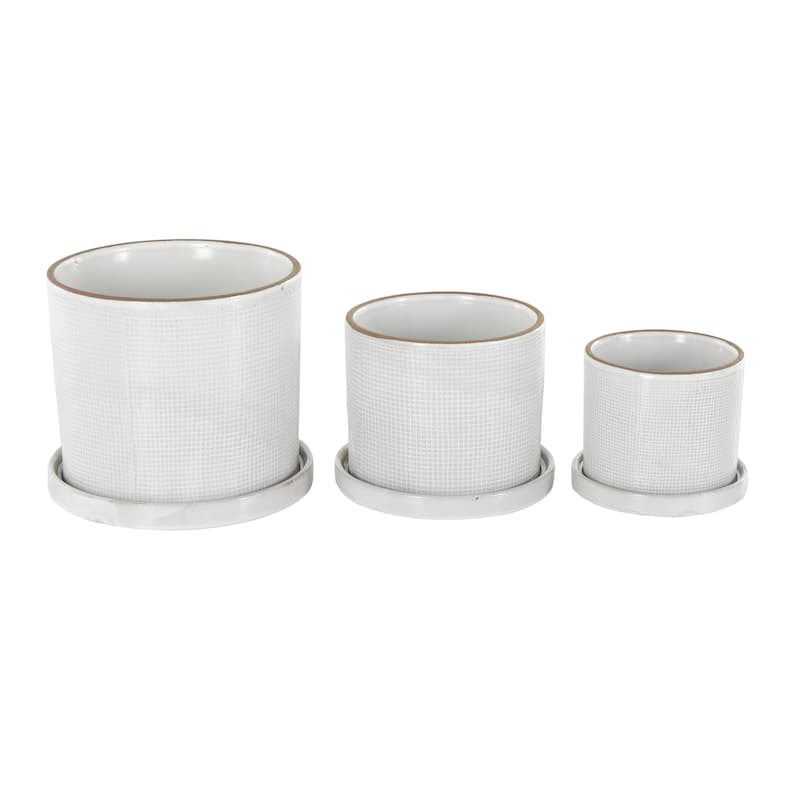 Ceramic Geometric Grid Patterned Indoor Outdoor Planter with Brown Accents and Base Tray - Set of 3 White - Roche River Decor