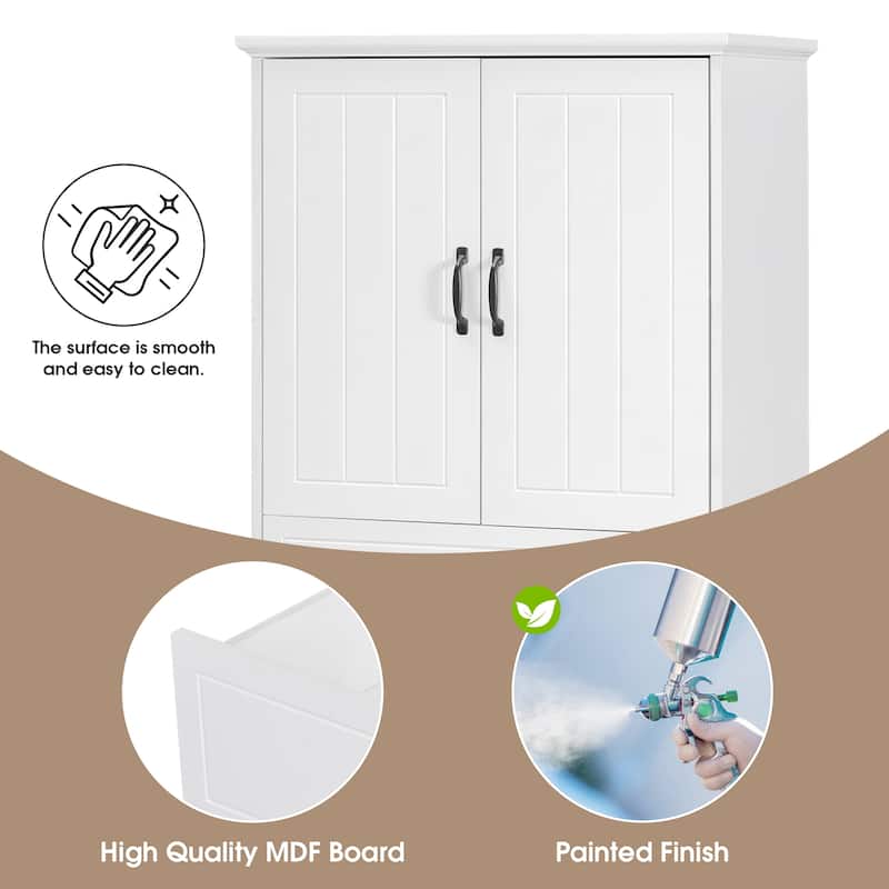 Roomfitters Bathroom Storage Cabinet with Double Laundry Hampers, Doors and Drawer Organizer