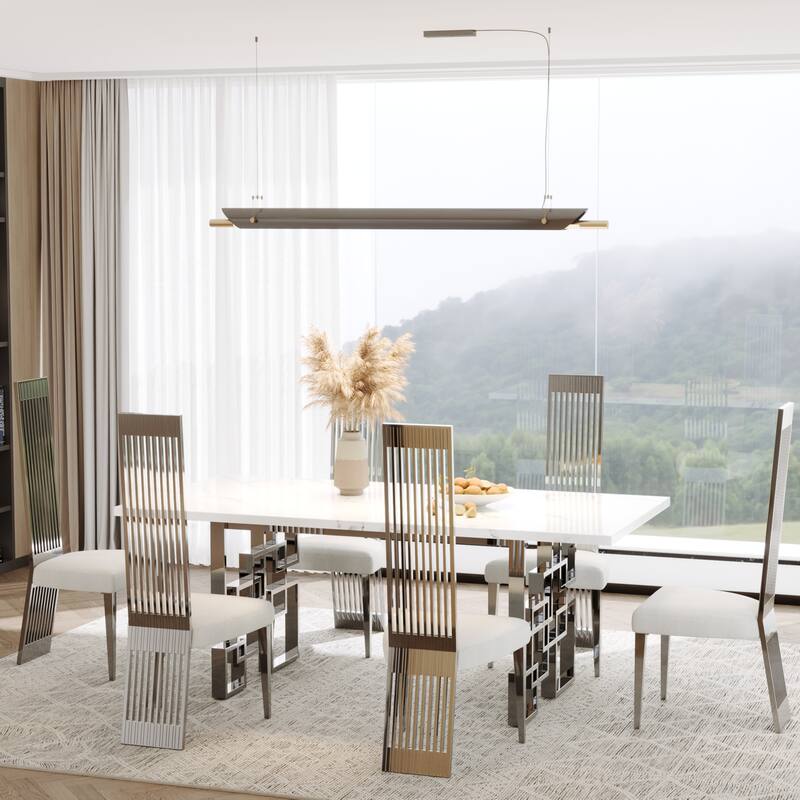Faux Mable Dining Table Set with White Boucle and High Back Chairs