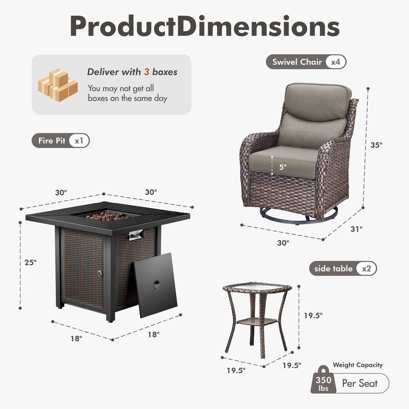 Meyreso 7-Piece Outdoor Patio Wicker Fire Pit 4 person Conversation Set with 5-Inch Thick Cushions