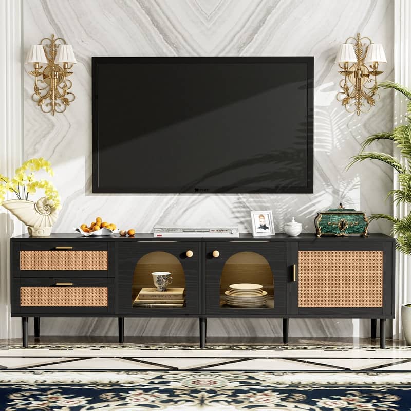 Rattan-Inspired 80'' Media Console with LED Lights & Ample Storage