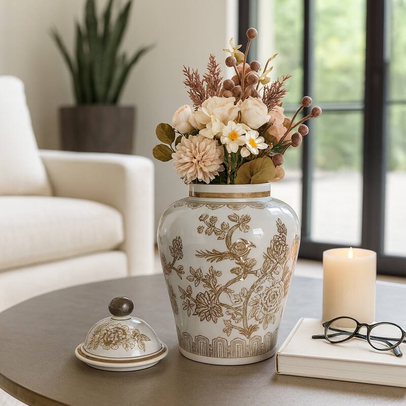 Decorative Chinoiserie Temple Jar - White & Brown, 12"