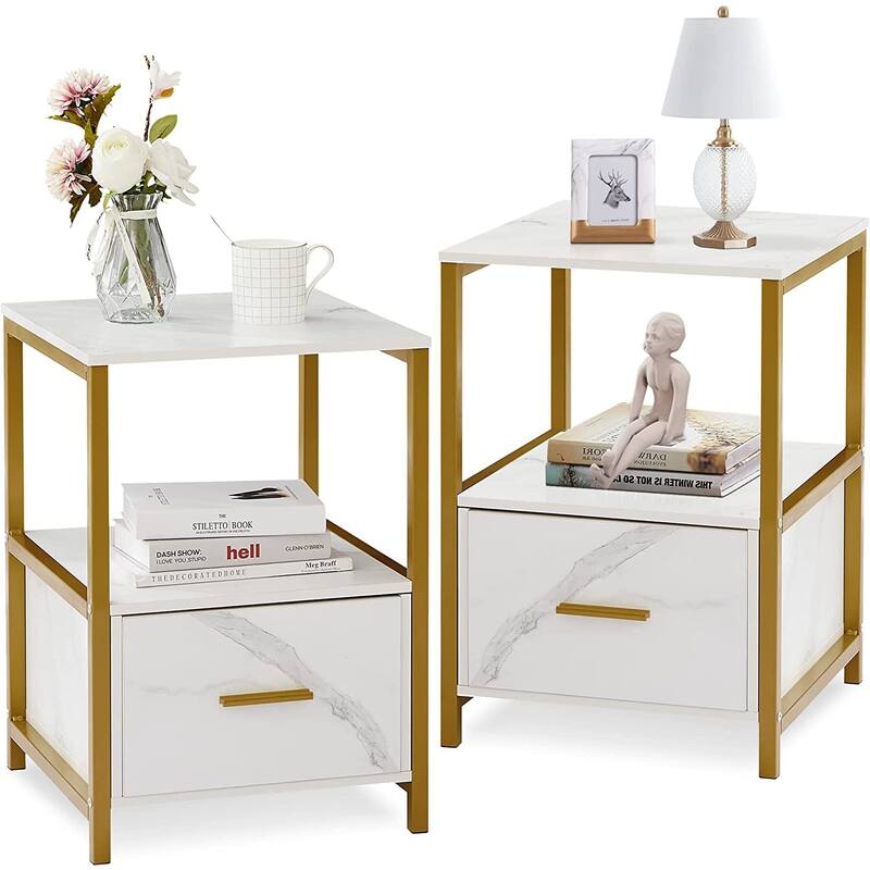 VECELO Nightstand Set of 1/2, Modern Square Side End Table, Living Room, Study Metal Frame