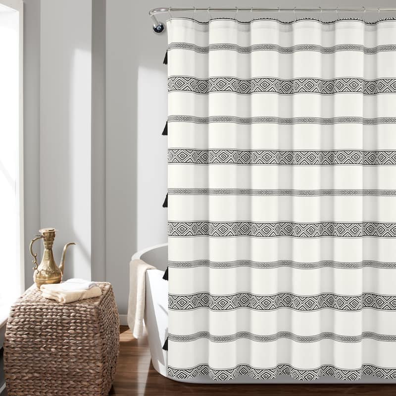 Lush Decor Ava Boho Stripe Tassel Yarn Dyed Eco-Friendly Recycled Cotton Shower Curtain - Black/White - 72" x 72"