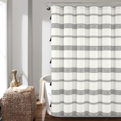 Lush Decor Ava Boho Stripe Tassel Yarn Dyed Eco-Friendly Recycled Cotton Shower Curtain