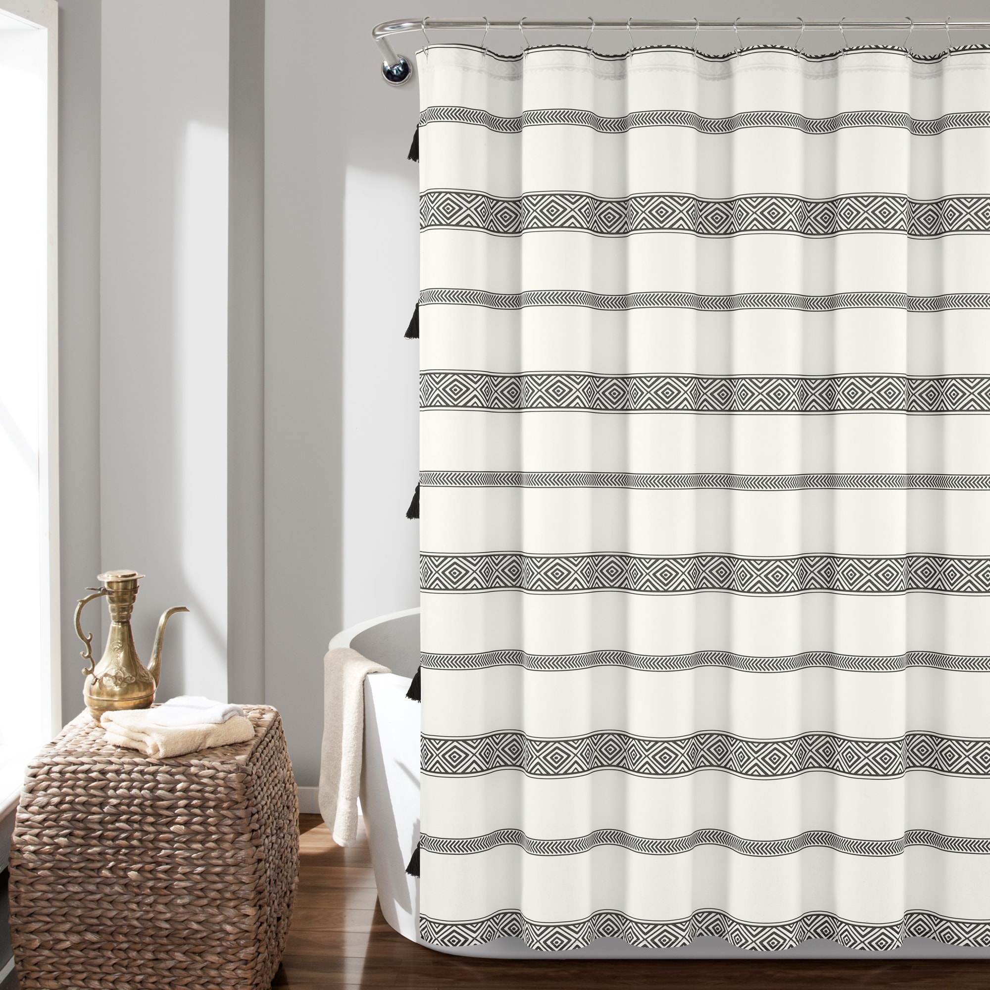 Lush Decor Ava Boho Stripe Tassel Yarn Dyed Eco-Friendly Recycled Cotton Shower Curtain