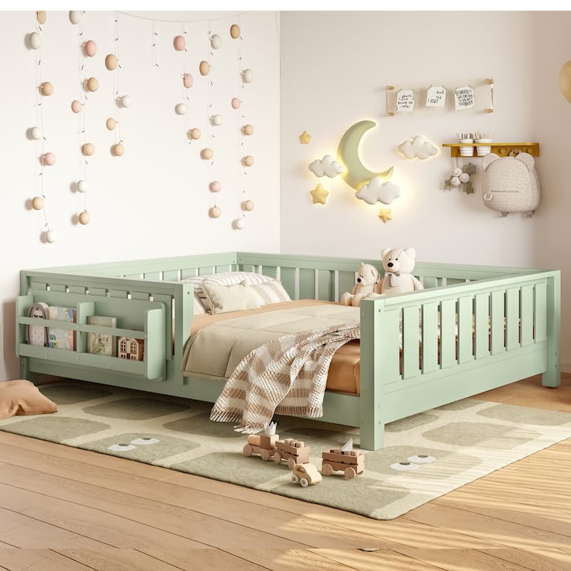 Low Profile Montessori Bed Floor Platform Bed with Fence and Bookshelf