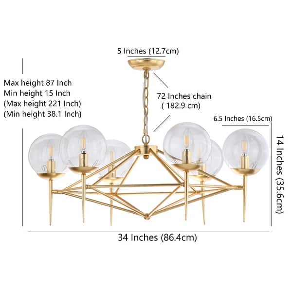 dimension image slide 1 of 2, SAFAVIEH Lighting Greyor 34-Inch LED Metal 6-Light Chandelier, Gold - 34" x 34" x 12-84"