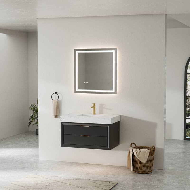 Modland 36" Wall-Mount Vanity with LED Light & 2 Soft-Close Drawers - Solid Oak, Black,White,Blue,Green - 36 inch