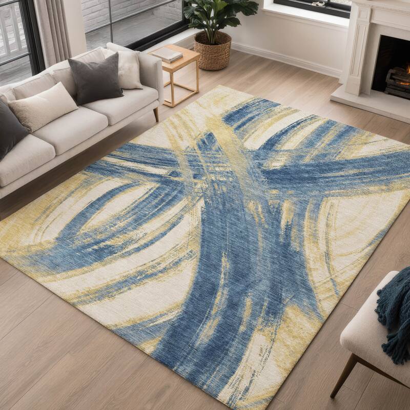 Machine Washable Indoor/ Outdoor Abstract Brushstroke Chantille Rug