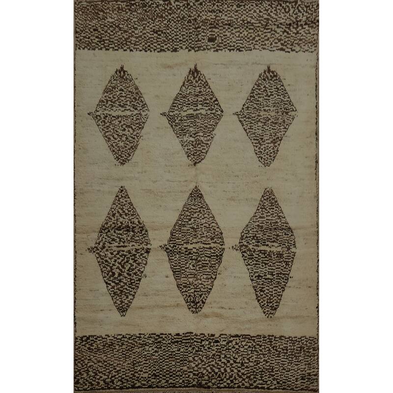 Hand Knotted Oriental 100% Wool Carpet Modern Tribal Beige & Ivories Moroccan Area Rug - 9' 7'' X 6' 8''