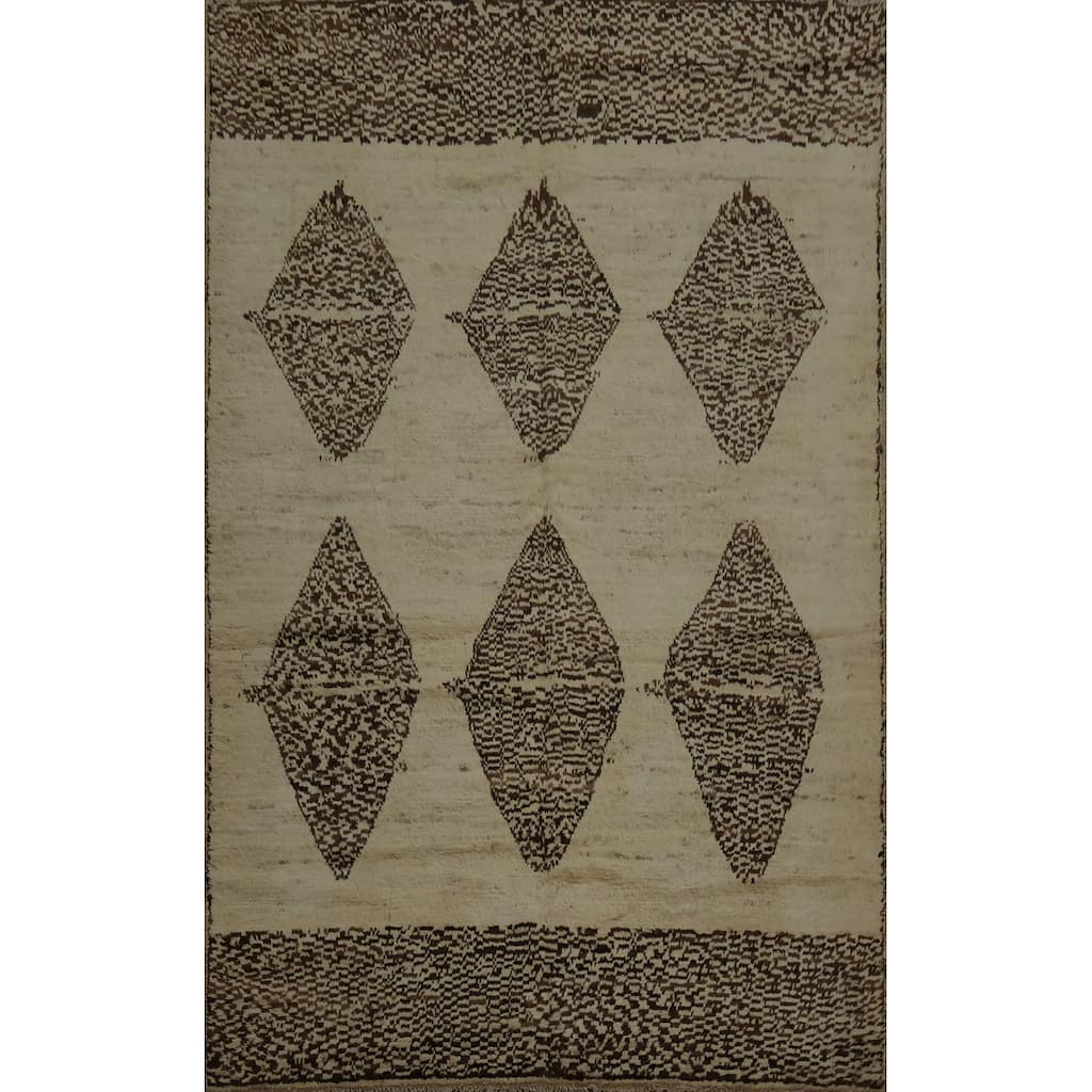 Hand Knotted Oriental 100% Wool Carpet Modern Tribal Beige & Ivories Moroccan Area Rug - 9' 7'' X 6' 8''