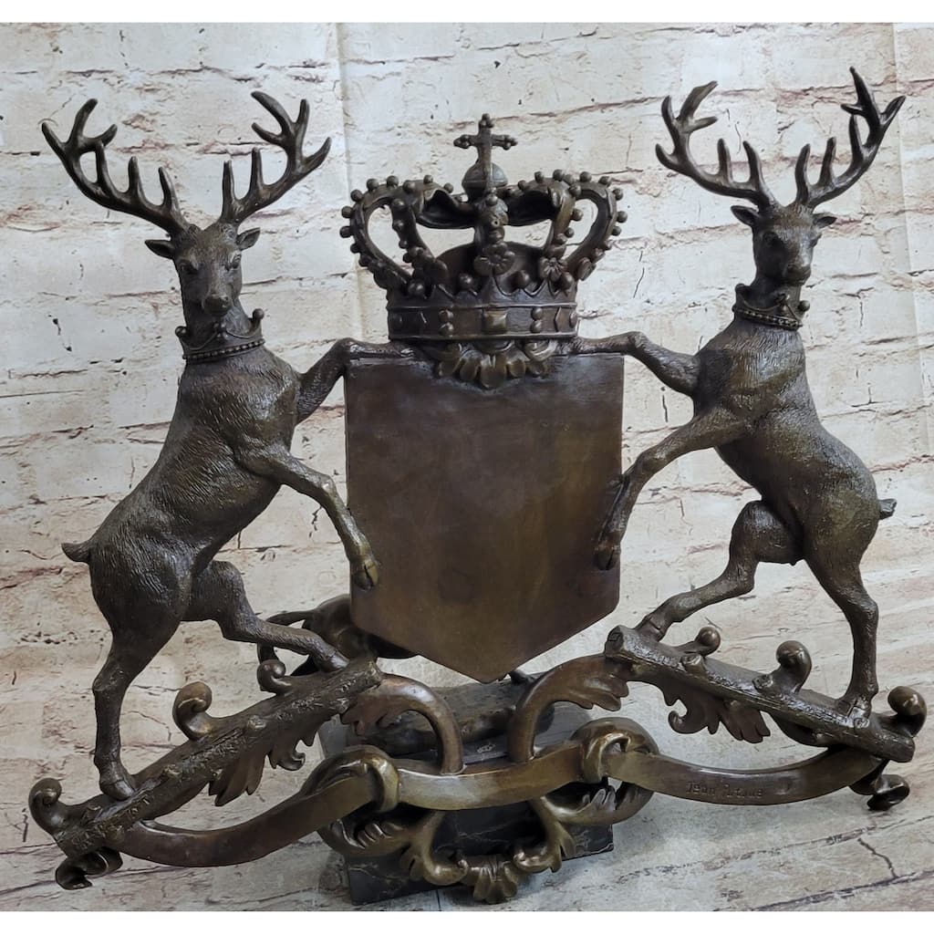 Two Stags Coat Of Arms Bronze Metal Wall Plaque Original Handmade Signed Art