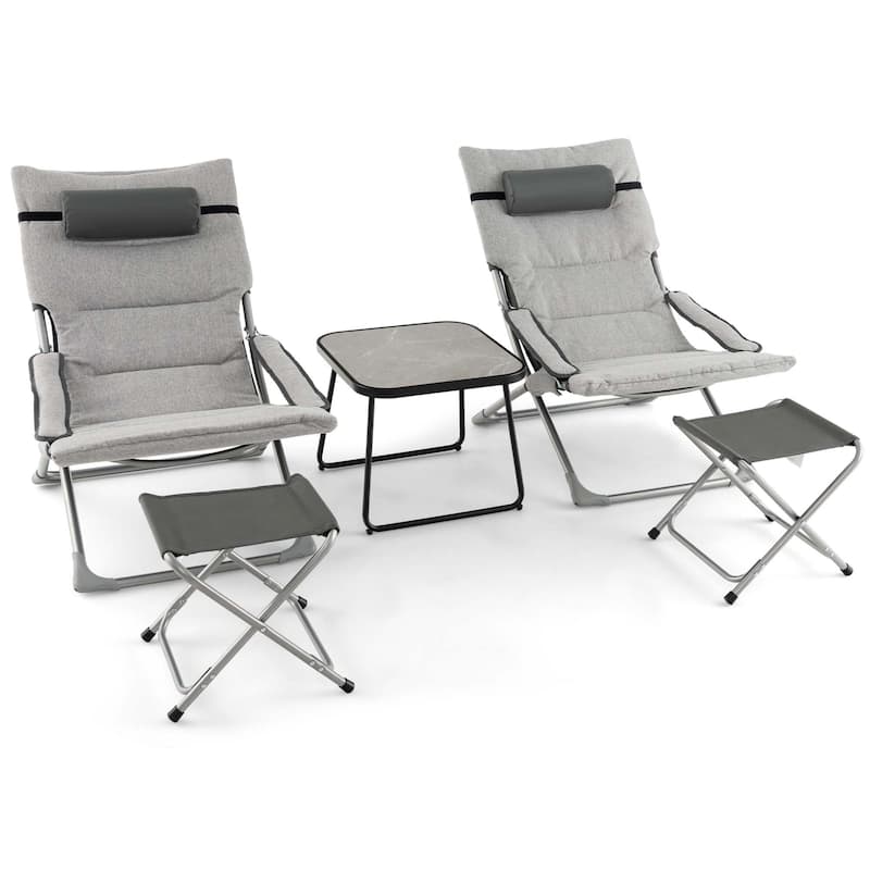 5 PCS Patio Bistro Set Lounge Chairs w/ Footrest Stool & Side Table - Grey