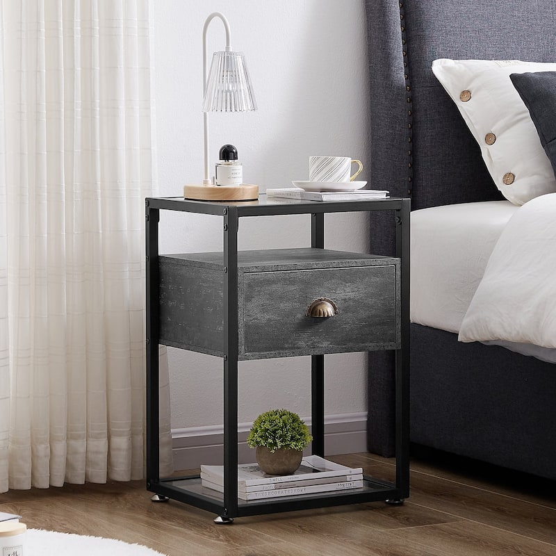 VECELO, Modern 1-Drawer Nightstand with 2-tier Glass Shelves