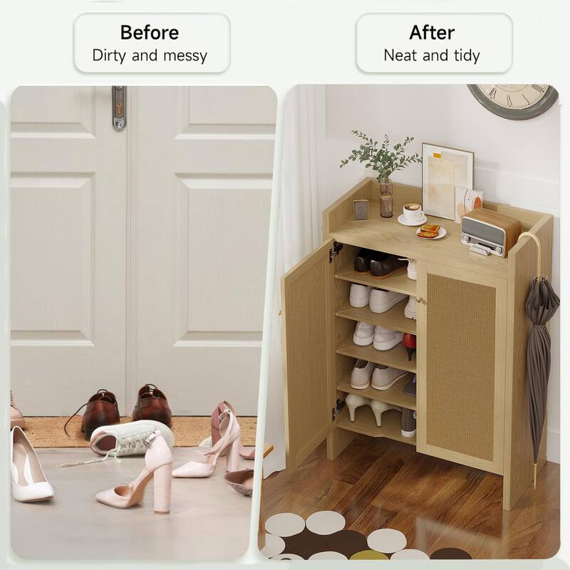Anmytek Walnut Rattan Shoe Cabinet with Doors and 6 Tier Adjustable Shelves Wooden Entryway Shoe Organizer