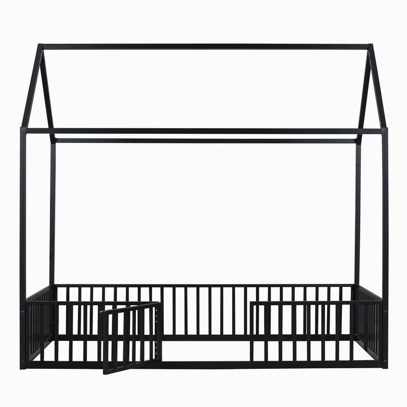 Twin Size House Design Platform Bed, Metal Floor Bed Frame with Fence, Door and Roof for Children, Boys and Girls
