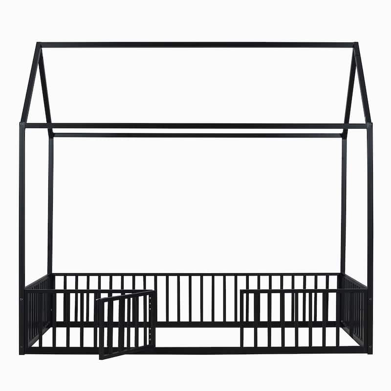 Twin Size Metal House Bed with Fence, Roof and Door for Kids, Boys and Girls, Bedroom