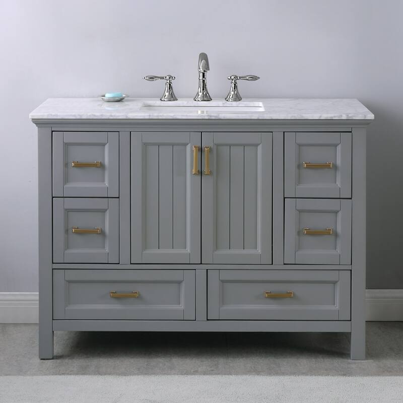 Altair Isla Single Bathroom Vanity Set and Aosta White Countertop without Mirror - 48 - Grey + Brushed Brass Hardware