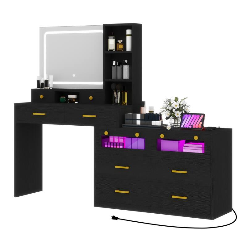 Moasis 65" Makeup Vanity Desk with 10 Drawers, RGB LED Mirror and Charging Station