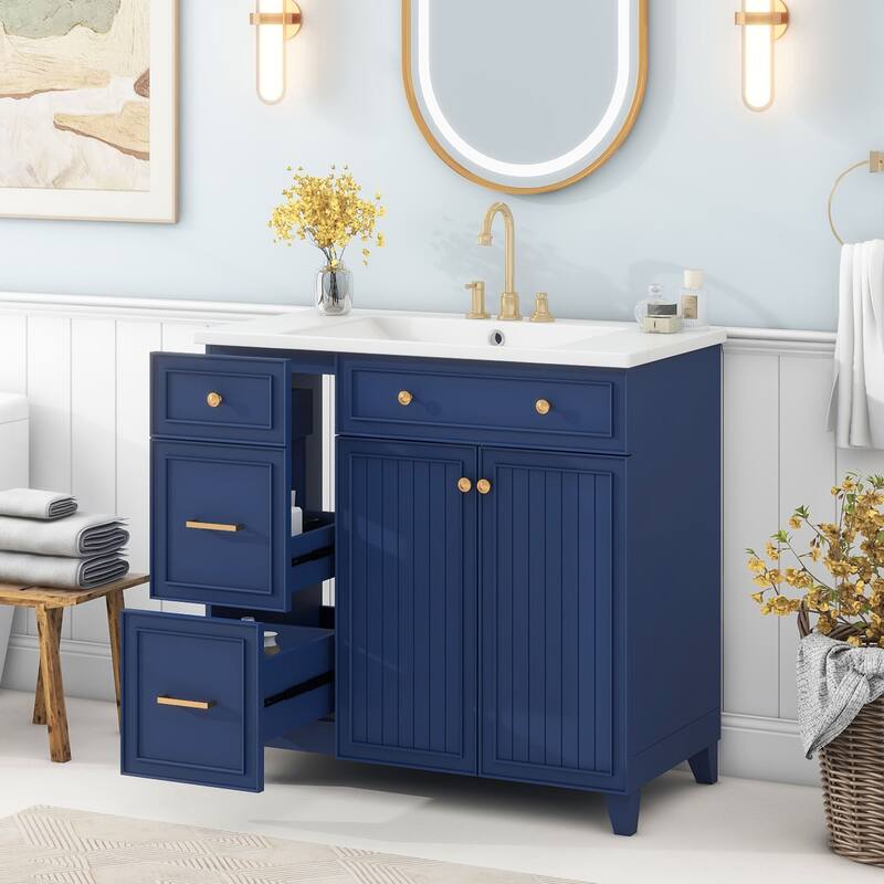 Navy Blue Bathroom Storage Cabinet Resin One-piece Basin, 36" Single Sink Bathroom Vanity Cabinet with 2 Drawers, Soft-close