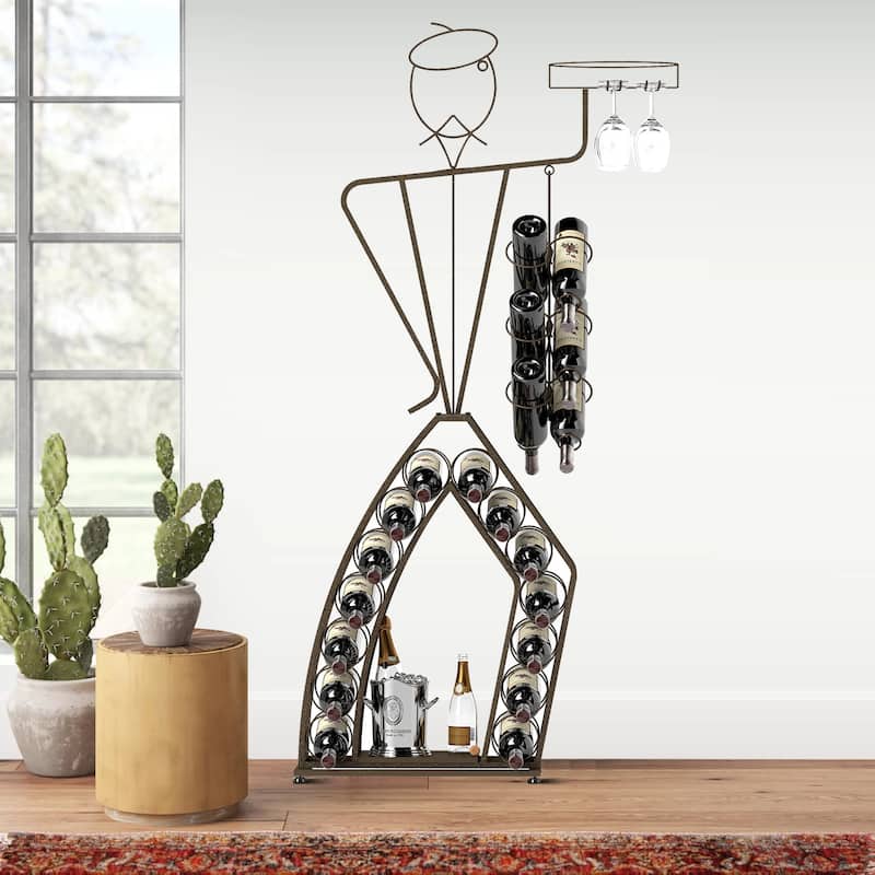 Vintage industrial style man-shaped iron wine rack with wine glass holder and bottle holder -  Antique Brown