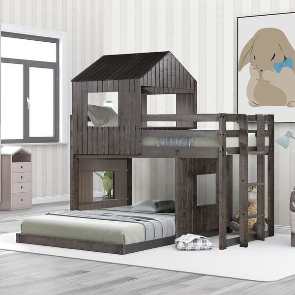 slide 2 of 12, Farmhouse Design Twin Over Full Wood Bunk Bed,House Design Bed with Roof and Guardrails,Built-In 3-Step Ladder Antique Gray