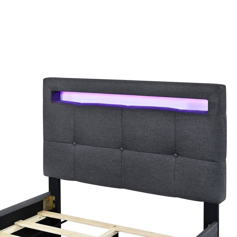 Twin Size Linen Upholstered LED Platform Bed Frame with Drawers