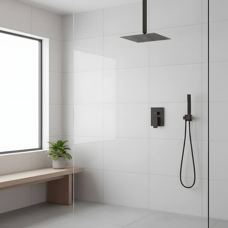Ceiling-Mounted Square Shower System and Handheld Showerhead Set