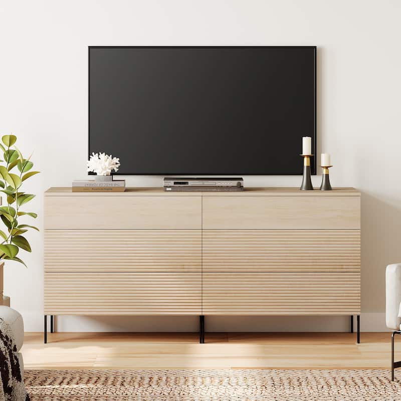 31.5" Reeded Dresser TV Stand, Modern Minimalist Entertainment Center, Wooden TV Console  - 2PCS - Beige