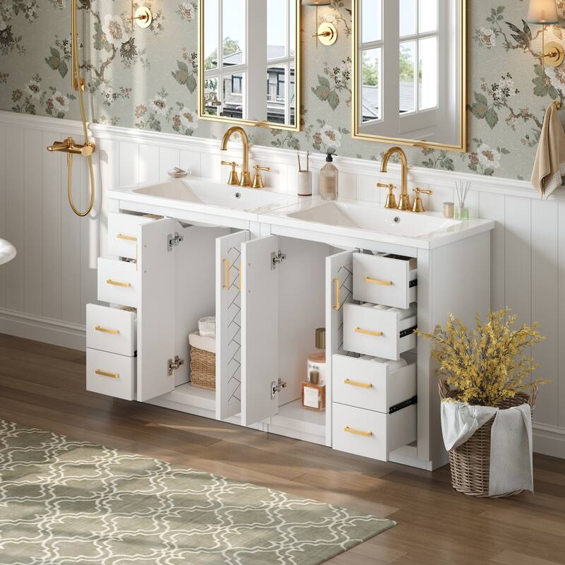 Roomfitters 60" Bathroom Vanity with Ceramic Sink, Solid Wood Freestanding Cabinet with Drawers & Soft-Close Doors