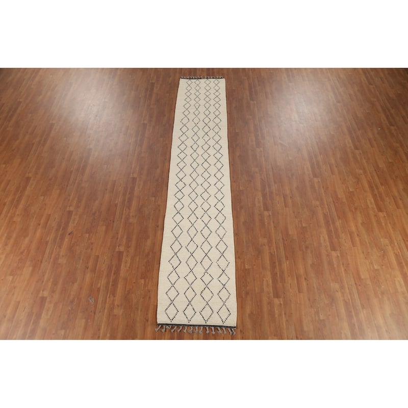 Ivory Trellis Moroccan Modern Runner Rug Handmade Wool Carpet - 2'5"x 12'7"