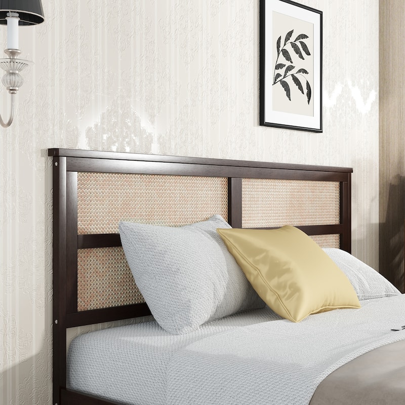 King Size Bed with Rattan Headboard, Two Storage Drawers, Rubber Wood Bed with Enhanced Support Salts and Feet