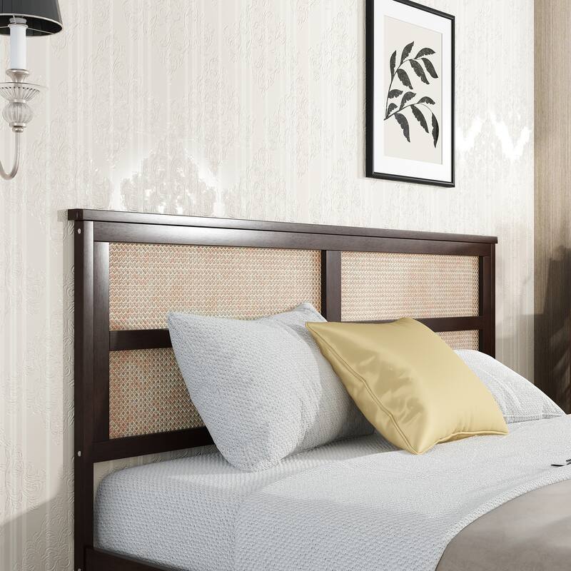Platform Bed with Rattan Headboard, Wood Slats Support and Enhanced Support Legs - Optional Storage Bed with 2 Drawers