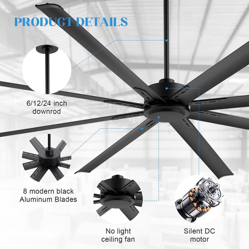 Large 96/120-inch Industrial Ceiling Fan without Light with Remote (6/8-Aluminum Blades)