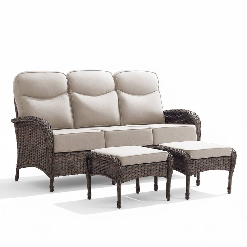 Luna 3-Seat Wicker Patio Sofa with 6-Inch Thick Cushions and 2 Ottomans