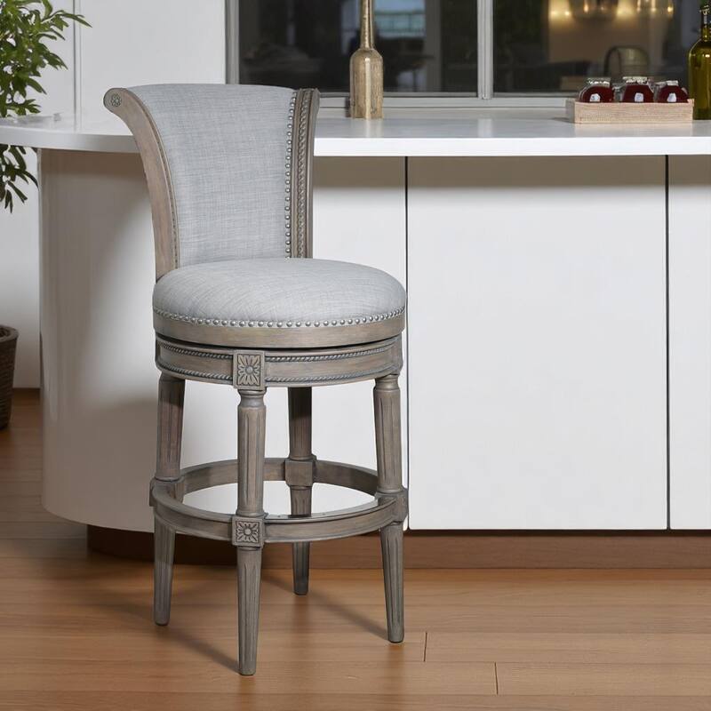 HomeRoots 30" Gray Solid Wood and Linen Bar Height Swivel Bar Chair - Bar Height - Gray - Single