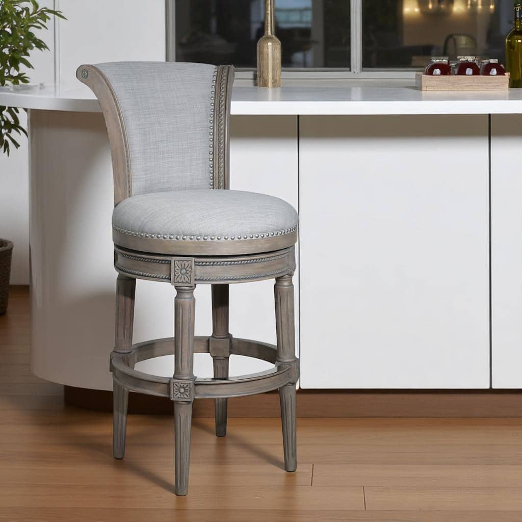 HomeRoots 30" Gray Solid Wood and Linen Bar Height Swivel Bar Chair