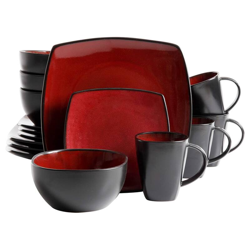 Modena Hideaway 16 Piece Soft Square Dinnerware Set in Black and Red