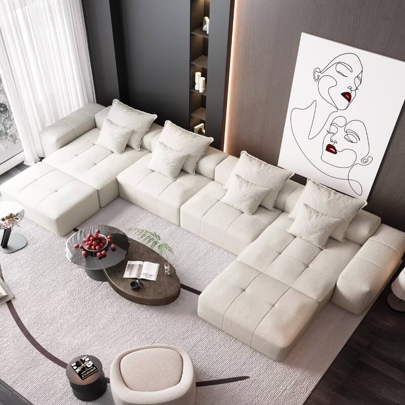 Oversized Modular Sectional Sofa,Sparkling Chenille Fabric,DIY Sofa - 2-Ottoman+2-Seater+2-Chaise+2-Amrest - Beige