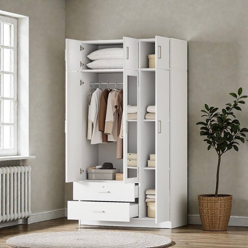 3 Door Wardrobe with Mirror, Top Cabinet and 2 Drawers, Freestanding Bedroom Armoire Closet Storage