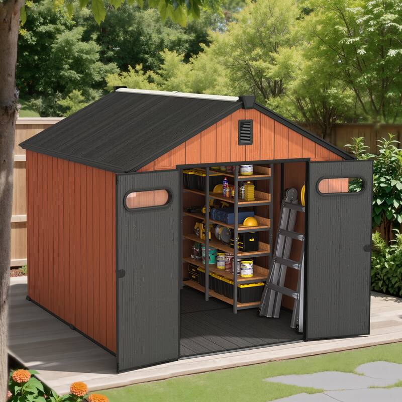 8X10 FT All-Weather Waterproof Plastc Outdoor Resin Storage Shed Windows Lockable Door with Floor for Patio Furniture and Tools