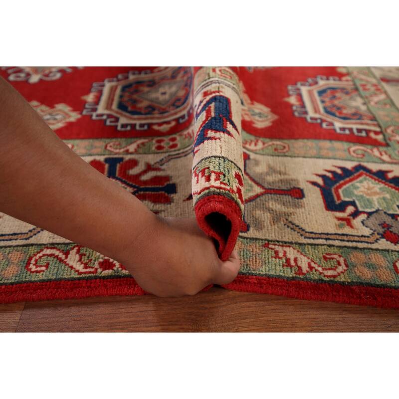Geometric Kazak Rug Hand-Knotted Bedroom Red Wool Carpet - 5'9" x 7'7"