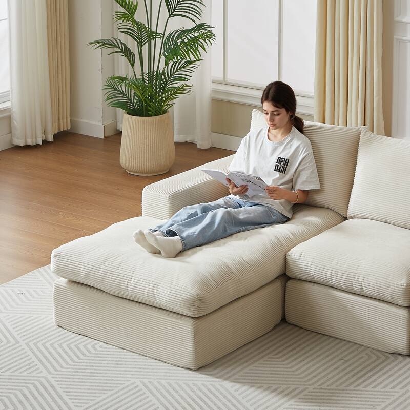 L-Shaped Sectional Sofa with Chaise Lounge, Corduroy Upholstered Boneless Couch, Module Corner Sofa with 3 Pillows