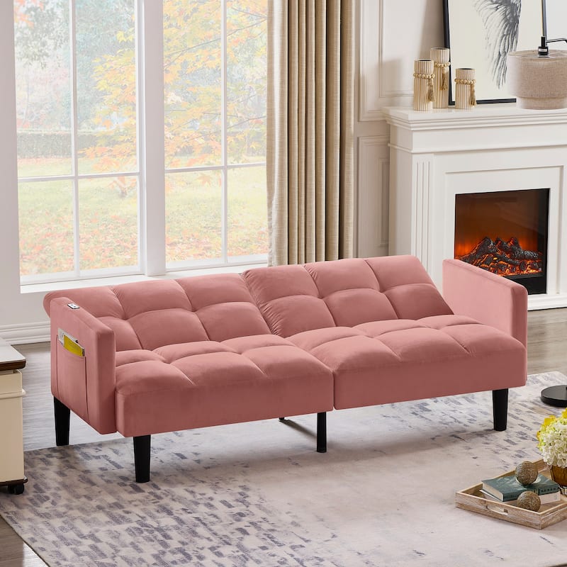 Versatile Adjustable Futon Couch Convertible Velvet Sleeper Sofa Bed with USB, Side Pockets, Chevron Tufting and Tapered Legs