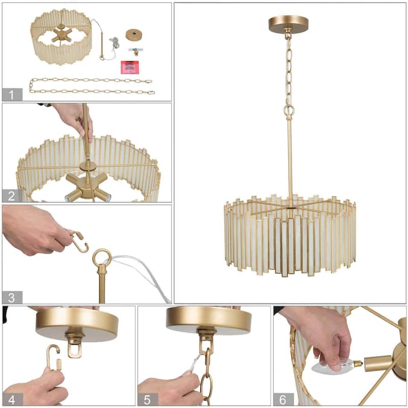 Tifany Modern Gold 4-Light Drum Chandelier Colored Glass Lights for Kitchen Island Bedroom