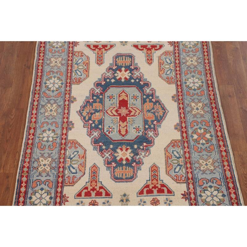 Ivory Geometric Kazak Foyer Rug Handmade Wool Carpet - 3'6" x 5'3"