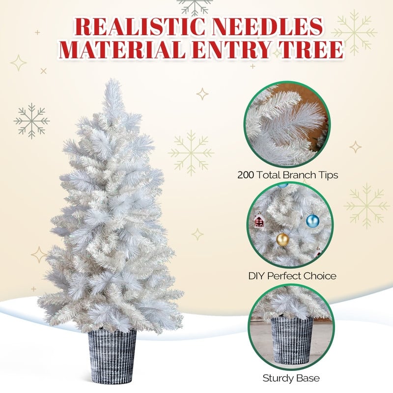 4 FT White Artificial Christmas Tree with Pot Stand, Potted Xmas Pine Tree with 200 Branch Tips for Holiday Party Office Home