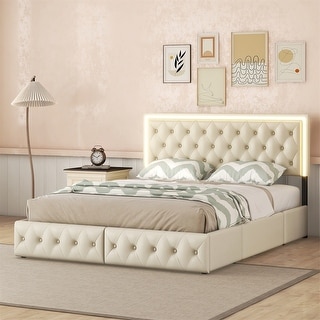 Queen Upholstered Bed Frame with 4 Storage Drawers and LED Headboard ...