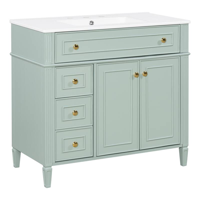 Modern 36 Inch Bathroom Vanity with Ceramic Sink, Solid Wood Frame Bathroom Storage Cabinet with Drawers and Gold Handles